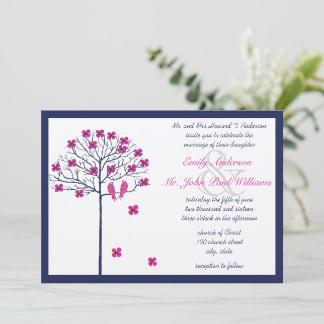 Invitación Aves viejas marinas y rosas en un árbol florecient (Anverso de pie)