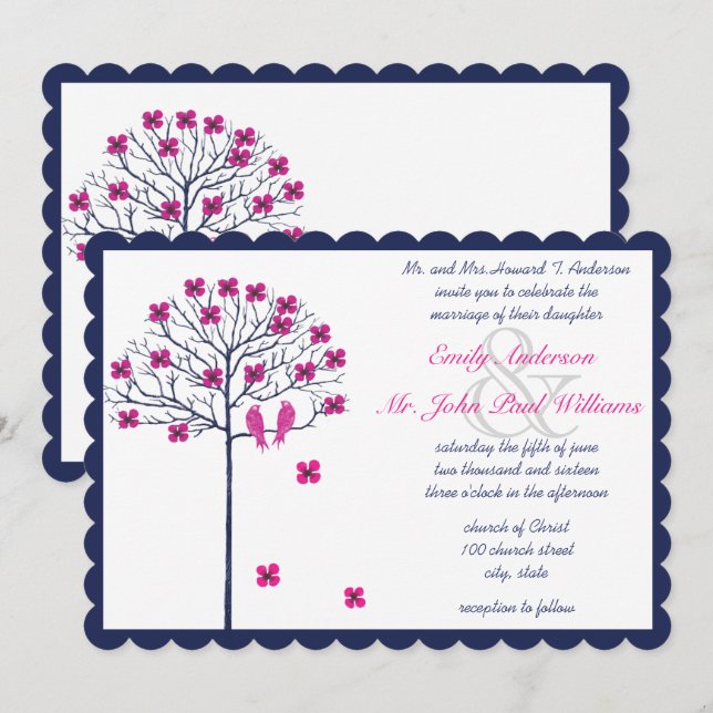 Invitación Aves viejas marinas y rosas en un árbol florecient (Anverso / Reverso)