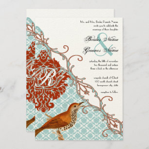 Invitación Aves Vintage Boda adamascada Roja Endive