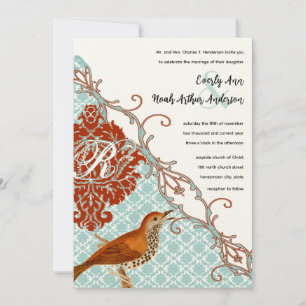 Invitación Aves Vintage Boda adamascada Roja Endive