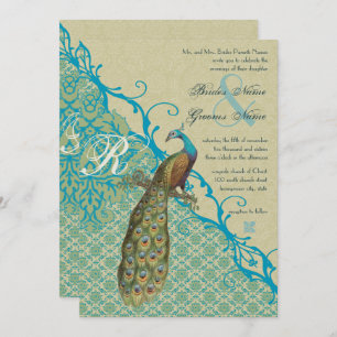 Invitación Aves Vintage Margarita Hawaiian Blue Damask