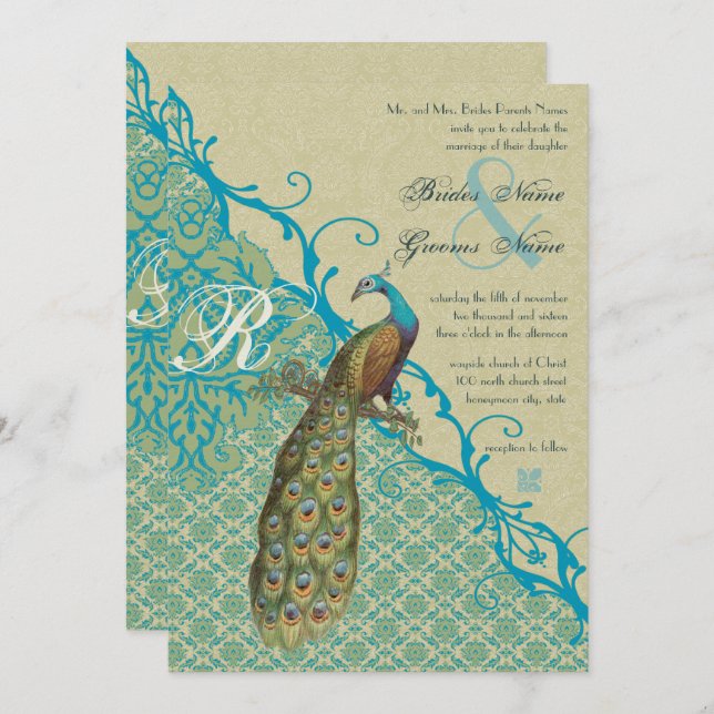 Invitación Aves Vintage Margarita Hawaiian Blue Damask (Anverso / Reverso)
