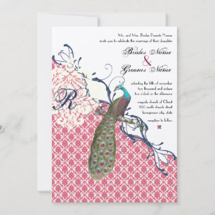 Invitación Aves Vintage Navy Frambuesa Profunda Damask Boda