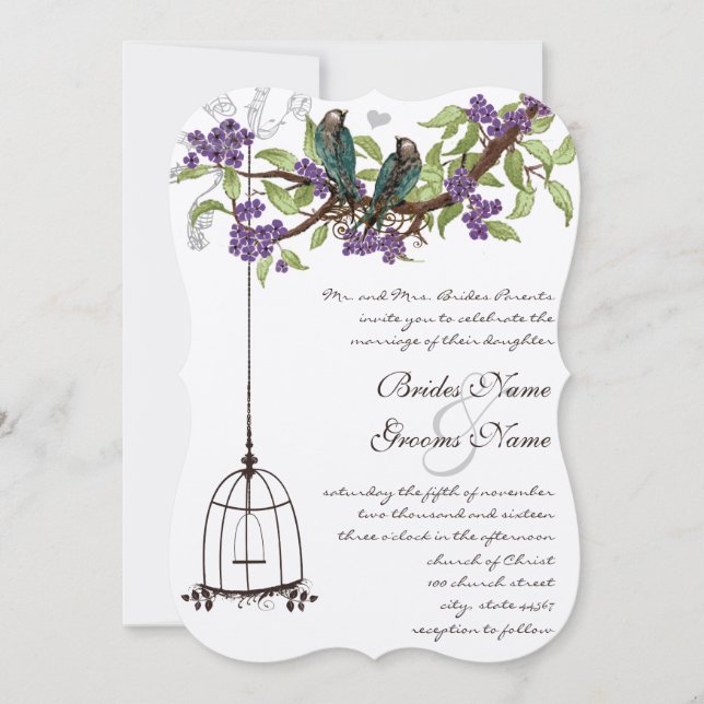 Invitación Aves vitícolas y Bodas en jaula con flores de cere (Anverso)