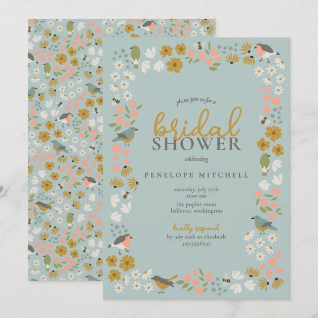 Invitación Aves y abejas Floral Bridal Shower (Anverso / Reverso)