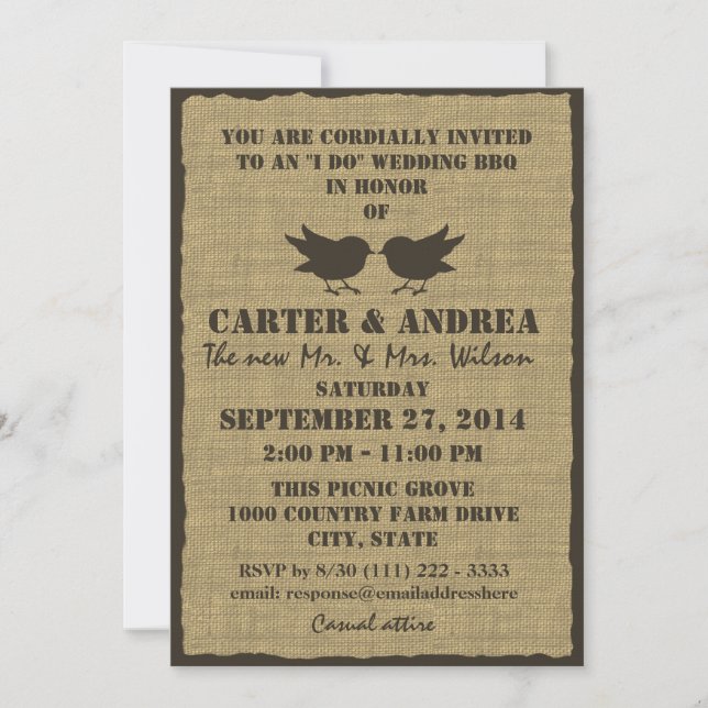 Invitación Aves y Burlap BQ Wedding Recepción (Anverso)