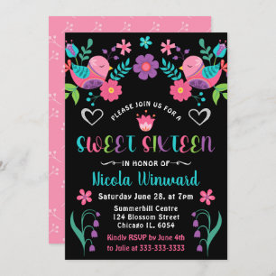 Invitación Aves y Fiesta Mexicana Floral Dulce Dieciséis