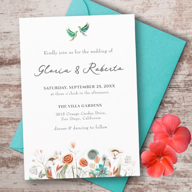 Invitación Aves y flores acuáticas de Boda mexicano (Subido por el creador)