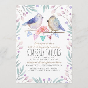 Invitación Aves y flores rosadas Fiesta de cumpleaños de Wood