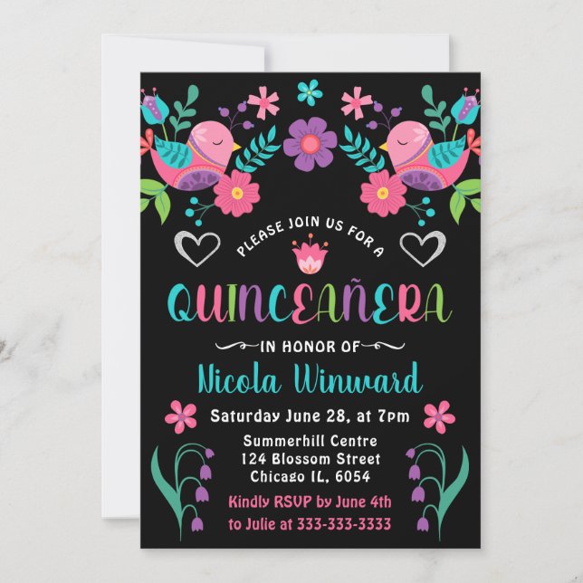 Invitación Aves y florida Fiesta Mexicana Quinceañera (Anverso)