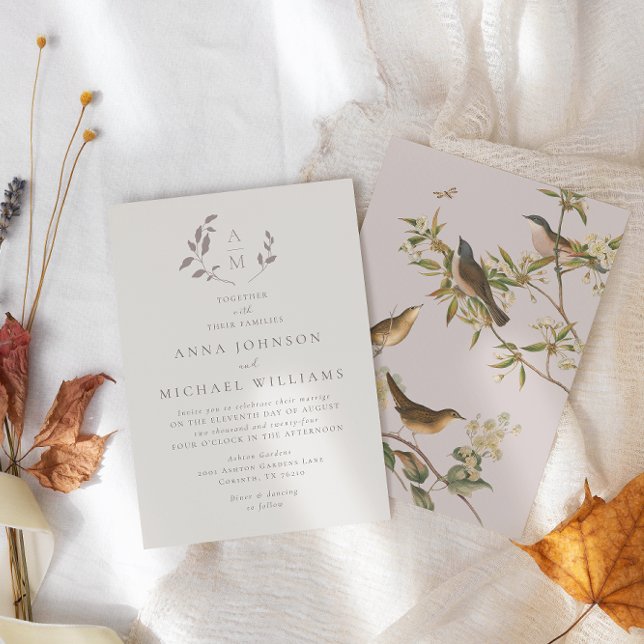 Invitación Aves y hojas beige romántico | boda rosa (Subido por el creador)
