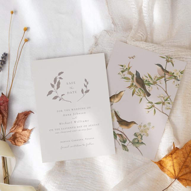 Invitación Aves y hojas, rosadas | beige guardar la fecha (Subido por el creador)