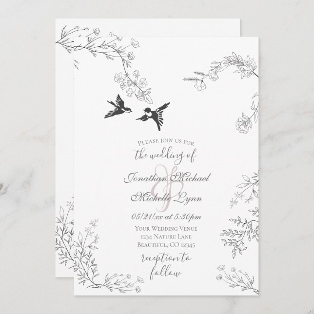 Invitación Aves y ramas Bonito Floral Boda Jardín (Anverso / Reverso)