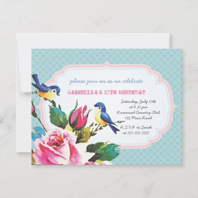 Invitación Aves y Rosas de época Fiesta de cumpleaños (Anverso)