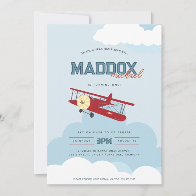 Invitación Aviador de cumpleaños por primera vez en avión Ret (Anverso)