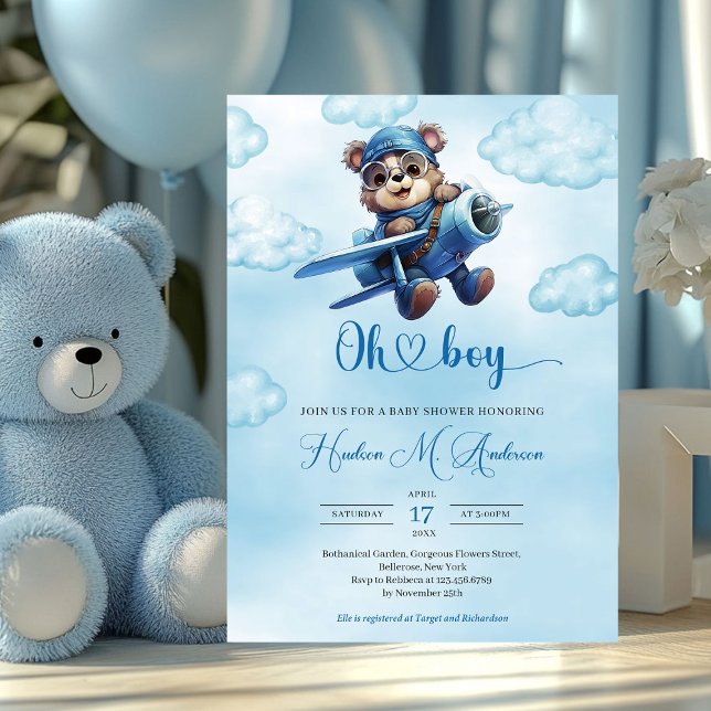 Invitación Aviador de osito de peluche azul y marrón (teddy bear pilot - oh boy baby shower invitation)