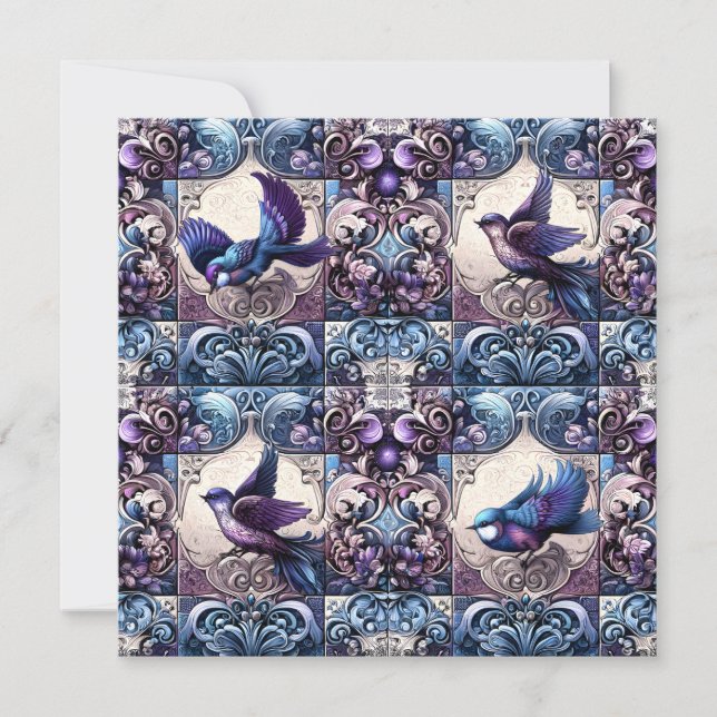 Invitación Aviario Victoriano: Un Jardín de Azulejos Morado (Anverso)