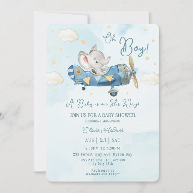 Invitación Avión aéreo Cute Elephant Sky Boy Baby Shower (Anverso)