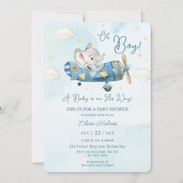 Invitación Avión aéreo Cute Elephant Sky Boy Baby Shower