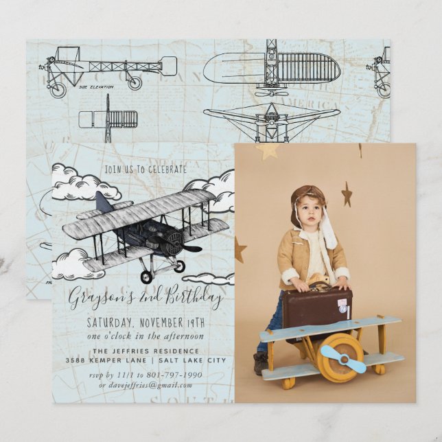 Invitación Avión Antiguo | Fiesta de Cumpleaños de Viaje (Anverso / Reverso)