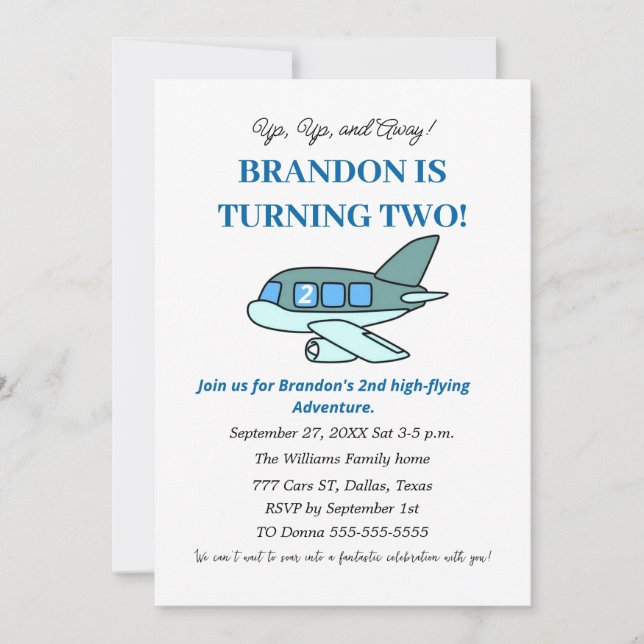 Invitación Avión: Aviones del niño de 2º cumpleaños, niños az (Anverso)
