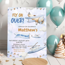Invitación Avión Azul Cute Retro Voló Sobre El Segundo Cumple
