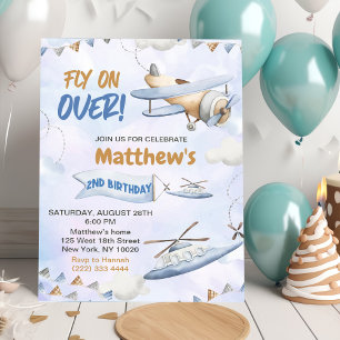 Invitación Avión Azul Cute Retro Voló Sobre El Segundo Cumple