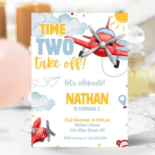 Invitación Avión azul de los chicos de aviación Viaje segundo (Red Blue Airplane 2nd Birthday Boy Invitation kids birthday, aviation birthday, pilot birthday, aero)