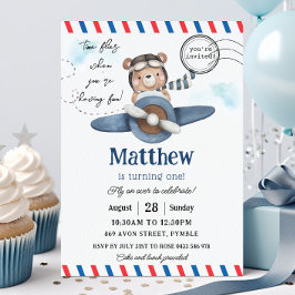 Invitación Avión azul de oso lindo vuelo Un primer cumpleaños