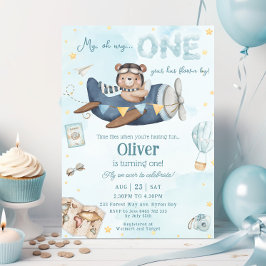 Invitación Avión azul de oso lindo vuelo Un primer cumpleaños