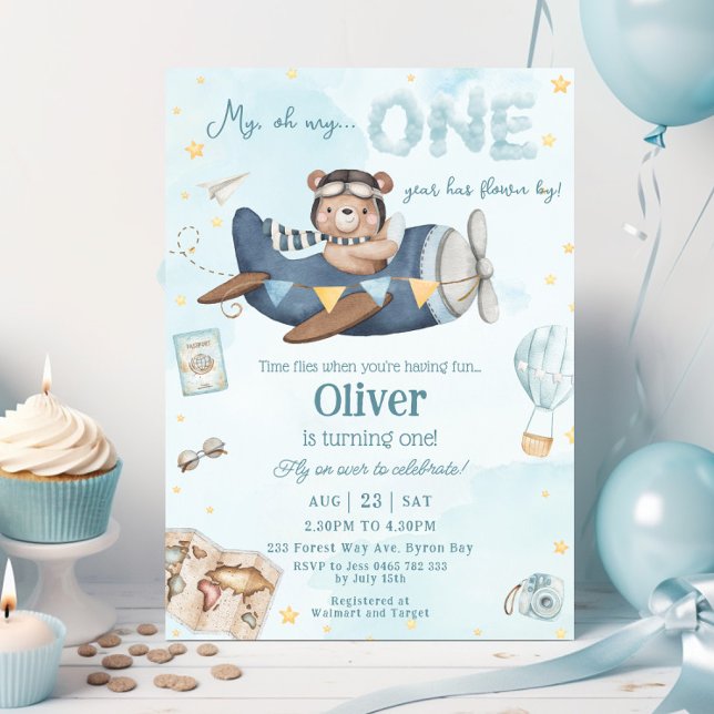 Invitación Avión azul de oso lindo vuelo Un primer cumpleaños (Subido por el creador)