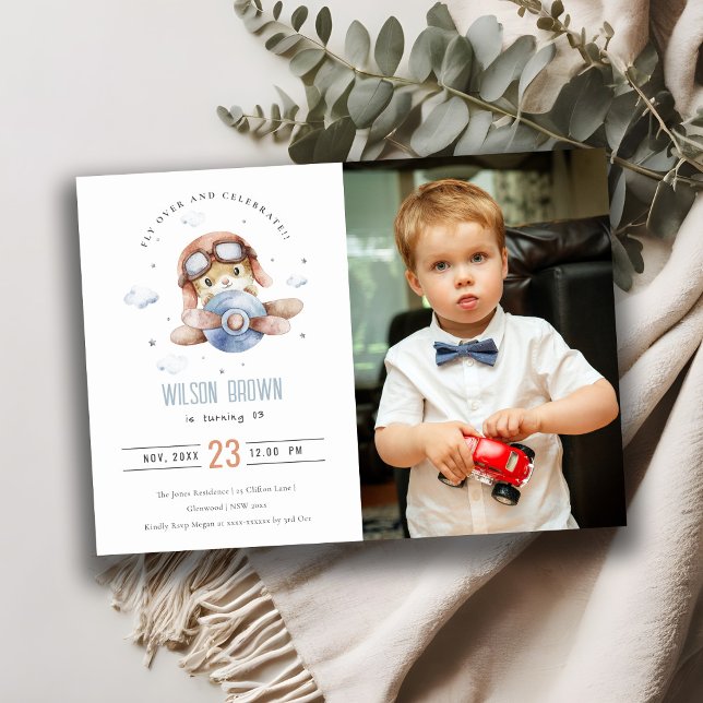 Invitación Avión azul oxidado lindo Teddy Stars Foto Cumpleañ (Subido por el creador)