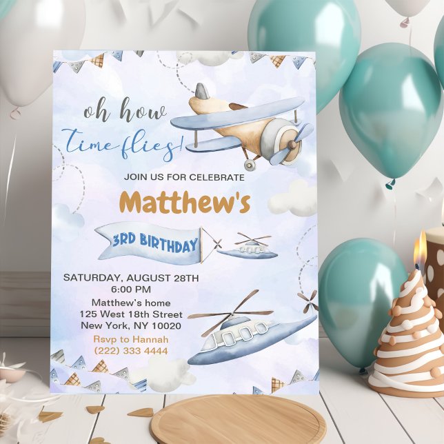 Invitación Avión azul retro lindo vuela tercer cumpleaños (Subido por el creador)