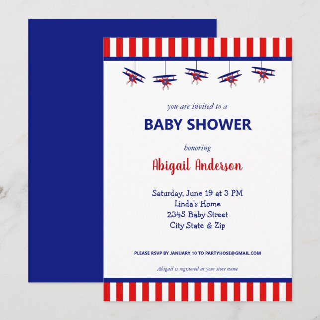 Invitación Avión azul y rojo parado Baby Shower (Anverso / Reverso)