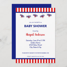 Invitación Avión azul y rojo parado Baby Shower