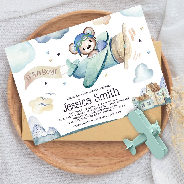 Invitación Avión Baby Shower para acuarela Teddy Bear (Subido por el creador)