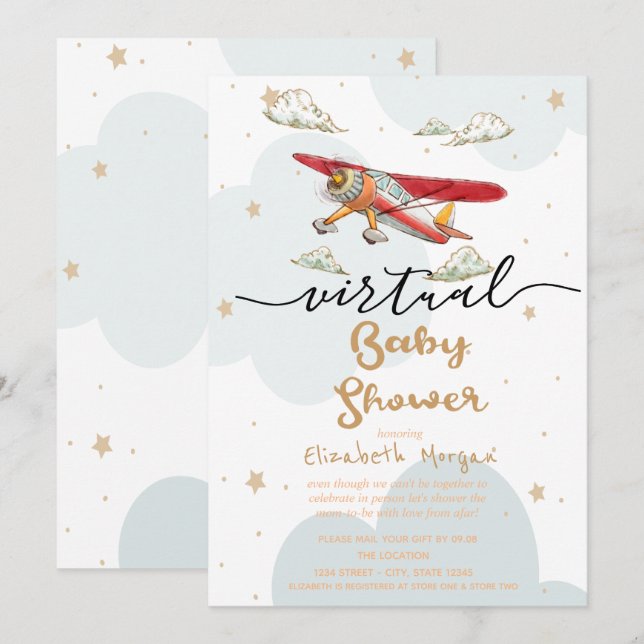 Invitación Avión, Baby Shower virtual de las estrellas nubes (Anverso / Reverso)