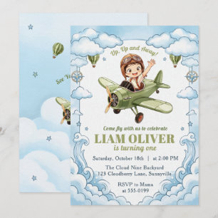 Invitación Avión Biplano Vintage Niño Cumpleaños 1º Vuela Lej