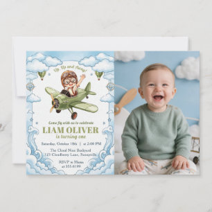 Invitación Avión Biplano Vintage Niño Cumpleaños 1 Año Vuela