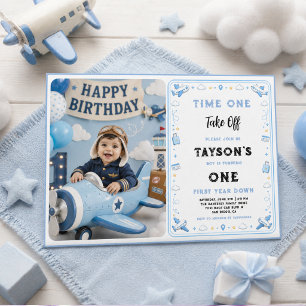 Invitación Avión Blanco Azul 1er Cumpleaños Hora de Despegue 