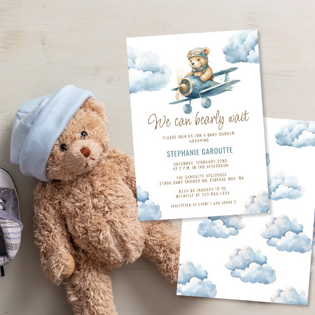 Invitación Avión Cute Bear Blue Boy Baby Shower (Cute Bear Airplane Blue Boy Baby Shower Invitation
)
