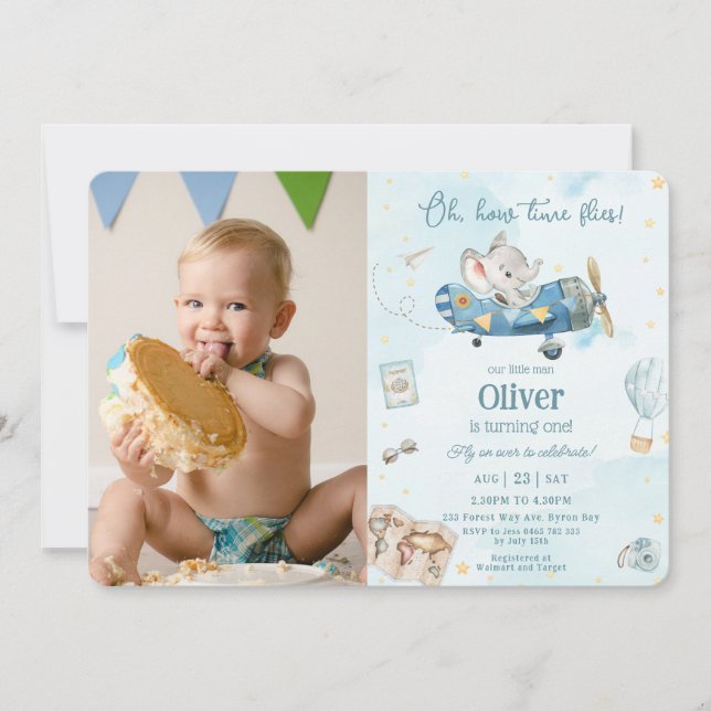 Invitación Avión Cute Elephant Aventura Tiempo Moscas Cumplea (Anverso)