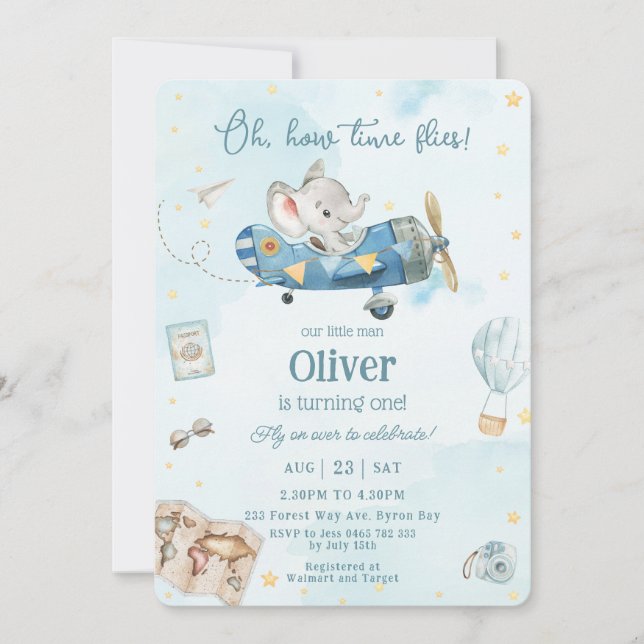 Invitación Avión Cute Elephant Aventura Tiempo Moscas Cumplea (Anverso)