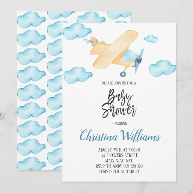 Invitación Avión de color azul Baby Shower (Anverso / Reverso)