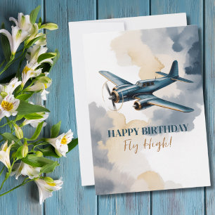 Invitación Avión de cumpleaños azul y dorado acuarela elegant