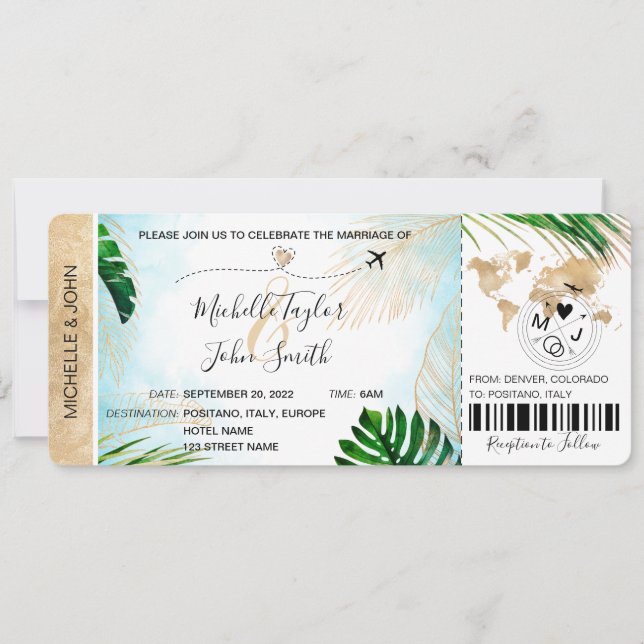 Invitación Avión de embarque de boda de destino tropical (Anverso)