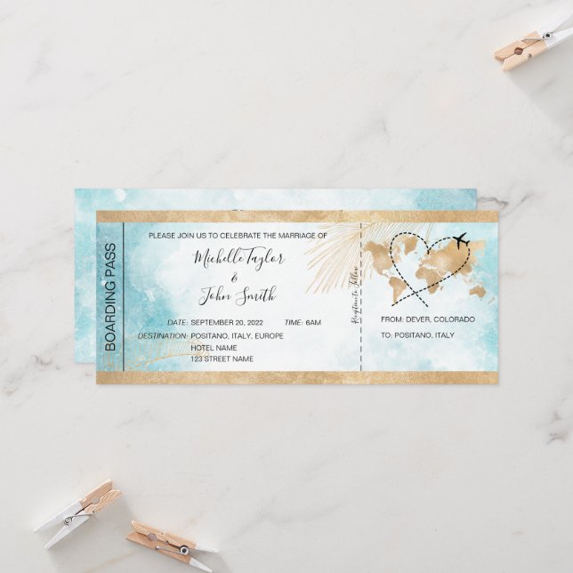 Invitación Avión de embarque de boda de destino tropical (Anverso/Reverso In Situ)