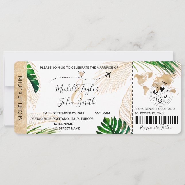 Invitación Avión de embarque de boda de destino Trópico I (Anverso)