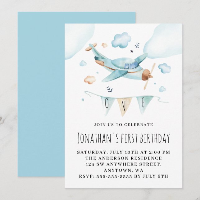 Invitación Avión de juguete acuarela 1er cumpleaños (Anverso / Reverso)