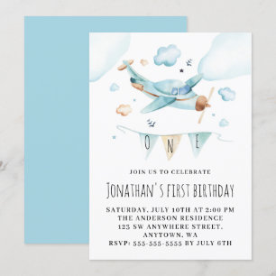 Invitación Avión de juguete acuarela 1er cumpleaños